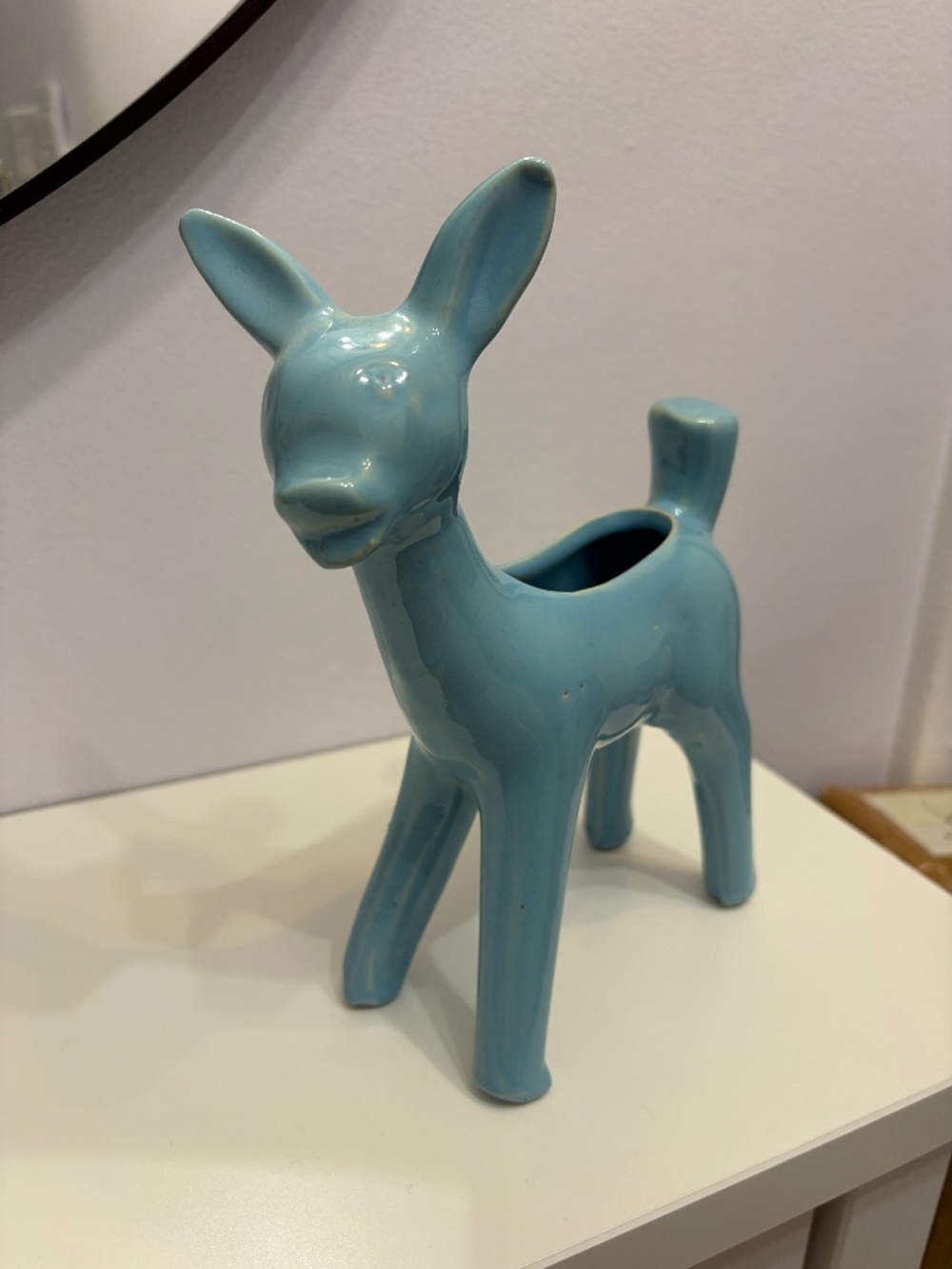 Antique ceramic deer figurine planter, 8 in high x 6 in wide x 2.5 in depth